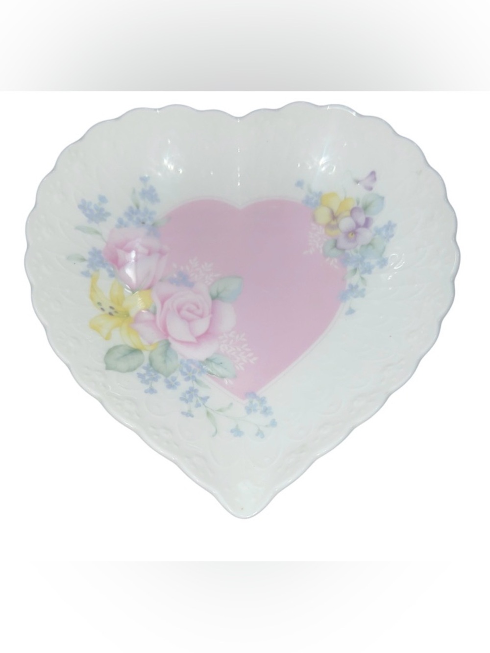 Mikasa Japan "From My Heart" Bone China Heart Dish - Scalloped Floral Trinket